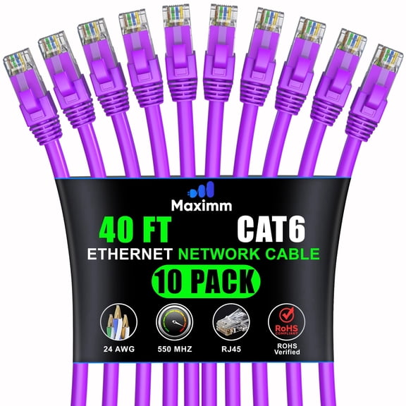 Maximm Cat 6 Ethernet Cable, 40 ft, Purple, High-Speed LAN Network Cord (10-Pack)