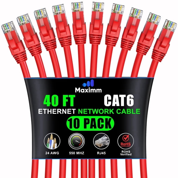 Maximm High Speed Cat 6 UTP Ethernet Patch Cable, 10-Pack - 40 ft, Red