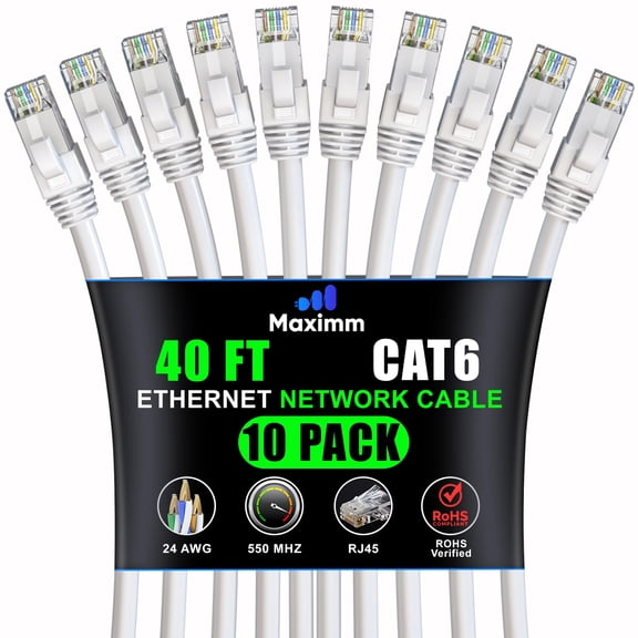 Maximm Cat 6 Ethernet Cable 40 ft (10-Pack) - High-Speed LAN Cable, Internet Cable, Patch Cable, and Network Cable - UTP, 10Gbps, 550MHz Ethernet Cord - White