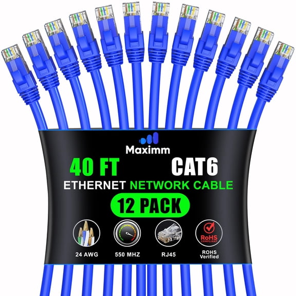 Maximm Cat 6 Ethernet Cable - 40 ft (12-Pack) - High-Speed LAN, Internet, Patch, and Network Cable - UTP, 10Gbps, 550MHz Ethernet Cord - Blue