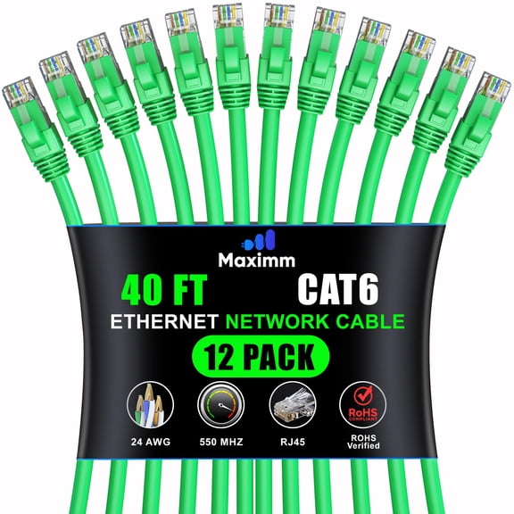 Maximm Cat 6 Ethernet Cable - 40 ft (12-Pack) - High-Speed LAN, Internet, Patch, and Network Cable - UTP, 10Gbps, 550MHz Ethernet Cord - Green