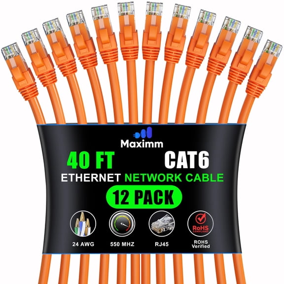 Maximm Cat 6 Ethernet Cable - 40 ft (12-Pack), High-Speed LAN, Internet, Patch, Network Cable - UTP, 10Gbps, 550MHz, Orange
