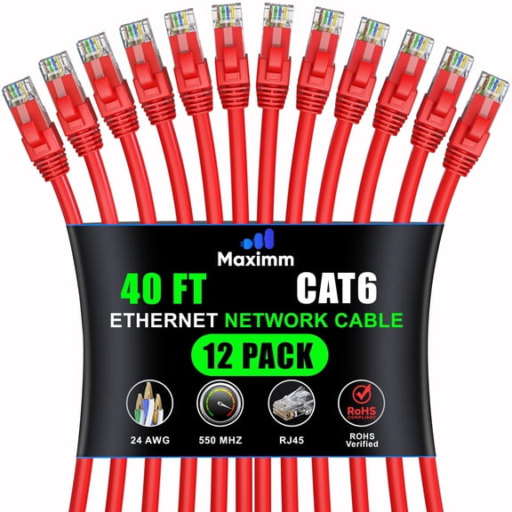 Maximm Cat 6 Ethernet Cable 40 ft, 12-pack, High-Speed LAN Network Patch Cord for Routers, Modems, and Gaming, Red