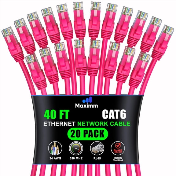 Maximm Cat 6 Ethernet Cable 40 ft (20-Pack) - High-Speed LAN Cable, Internet Cable, Patch Cable, and Network Cable - UTP, 10Gbps, 550MHz Ethernet Cord - Pink