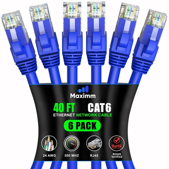 Maximm Cat 6 Ethernet Cable 40 ft (6-Pack) - High-Speed LAN Cable, Internet Cable, Patch Cable, and Network Cable - UTP, 10Gbps, 550MHz Ethernet Cord - Blue