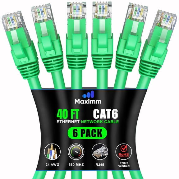Maximm Cat 6 Ethernet Cable 40 ft (6-Pack) - High-Speed LAN Cable, Internet Cable, Patch Cable, and Network Cable - UTP, 10Gbps, 550MHz Ethernet Cord - Green