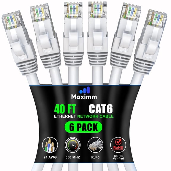 Maximm Cat 6 Ethernet Cable, 40 ft High-Speed LAN Network Cord, UTP, 10Gbps, 550MHz, White, 6-Pack
