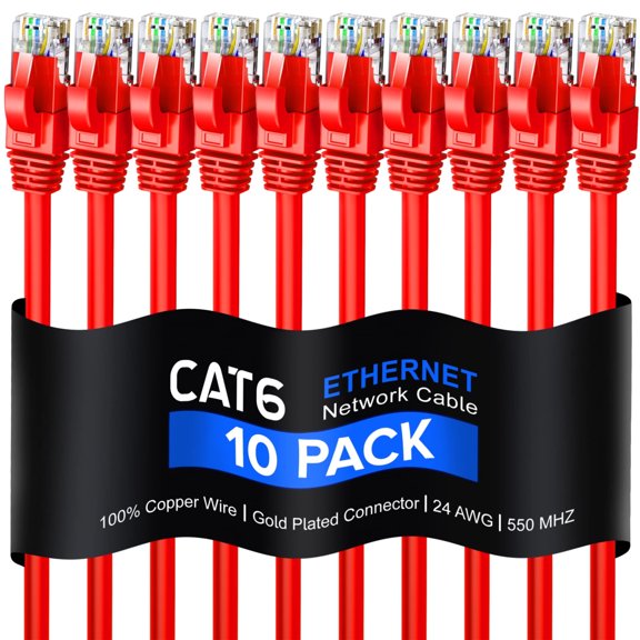 Cat 6 Ethernet Cable 5 Ft, 100% Pure Copper, Cat6 Cable (10 Pack) LAN Cable, Internet Cable, Patch Cable and Network Cable - UTP (Red) 5 Feet