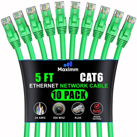 Maximm Cat 6 Ethernet Cable 5 ft (10-Pack) - High-Speed LAN Cable, Internet Cable, Patch Cable, and Network Cable - UTP, 10Gbps, 550MHz Ethernet Cord - Green
