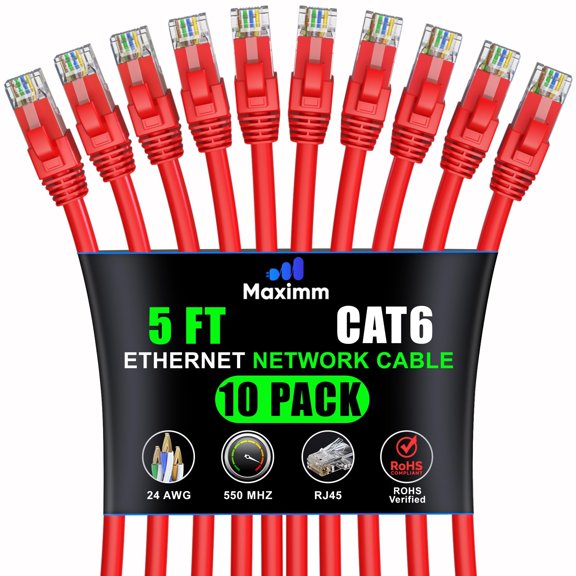 Maximm Cat6 10Gbps High-Speed UTP Ethernet Cable, 5 ft, Red, 10-Pack