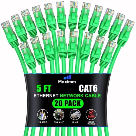 Maximm Cat6 Ethernet Cable 20-Pack 5 ft – CCA LAN Network Patch Cords, RJ45, Green