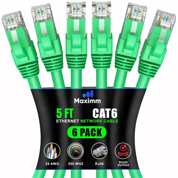 Maximm Cat6 Ethernet Cable 5ft, 10Gbps 550MHz High Speed LAN Cord, Green, 6-Pack