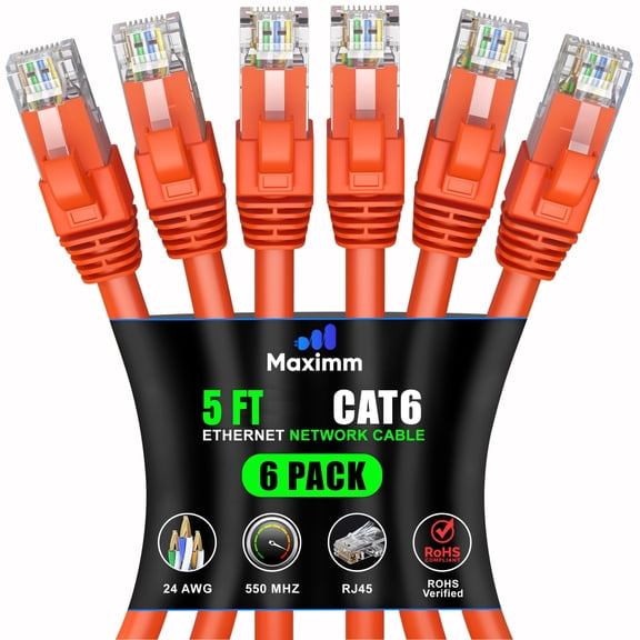 Maximm Cat 6 Ethernet Cable, 5 ft Network Patch Cord, High-Speed LAN Cable, Orange, 6-Pack