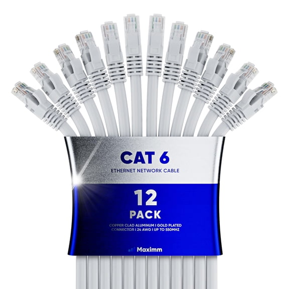 Maximm Cat 6 Ethernet Cable 50 ft (12-Pack) - High-Speed LAN Cable, Internet Cable, Patch Cable, and Network Cable - UTP, 10Gbps, 550MHz Ethernet Cord - White