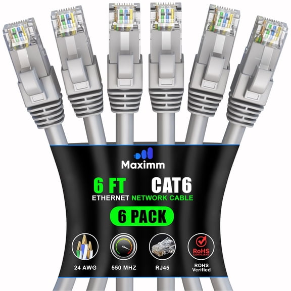 Maximm Cat 6 Ethernet Cable 6 ft (6-Pack) - High-Speed LAN Cable, Internet Cable, Patch Cable, and Network Cable - UTP, 10Gbps, 550MHz Ethernet Cord - Gray