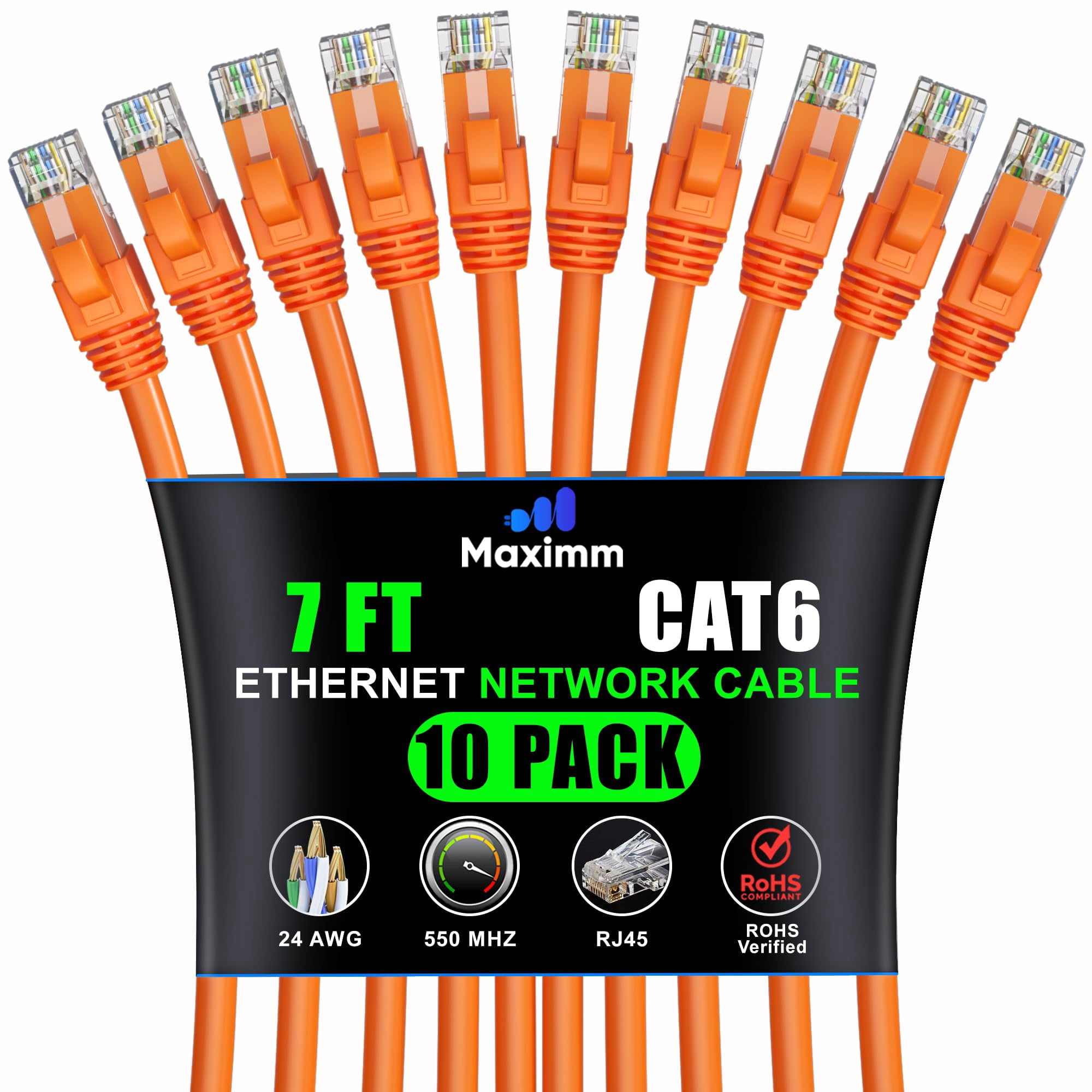 Maximm Cat 6 Ethernet Cable 7 ft (10-Pack) - High-Speed LAN Cable, Internet Cable, Patch Cable, and Network Cable - UTP, 10Gbps, 550MHz Ethernet Cord - Orange