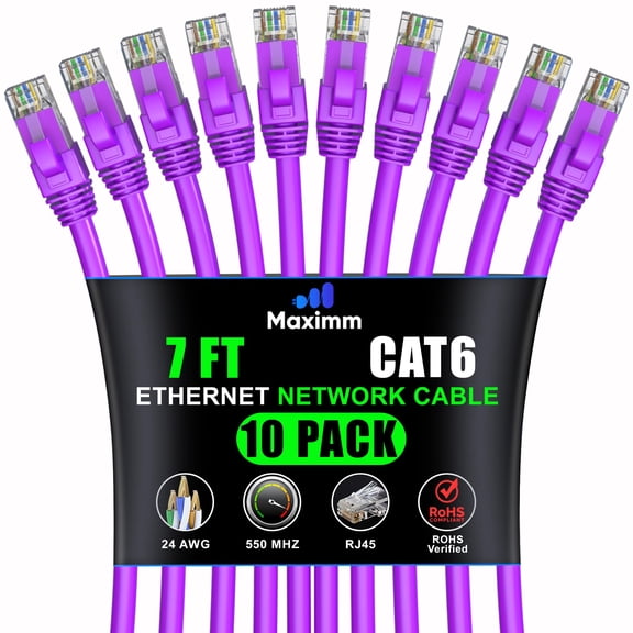 Maximm Cat 6 Ethernet Cable 7 ft (10-Pack) - High-Speed LAN Cable, Internet Cable, Patch Cable, and Network Cable - UTP, 10Gbps, 550MHz Ethernet Cord - Purple