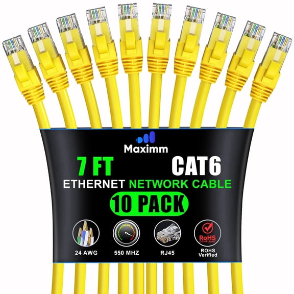 Maximm Cat6 Ethernet Patch Cable, Gigabit UTP LAN Internet Cord, 7 feet, Yellow, 10-Pack