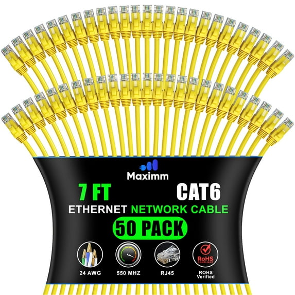 Maximm Cat 6 Ethernet Cable - 7 ft (50-Pack) - High-Speed LAN, Internet, Patch, and Network Cable - UTP, 10Gbps, 550MHz Ethernet Cord - Yellow