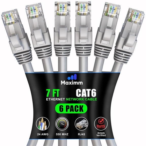 Maximm Cat 6 Ethernet Cable 7 ft (6-Pack) - High-Speed LAN Cable, Internet Cable, Patch Cable, and Network Cable - UTP, 10Gbps, 550MHz Ethernet Cord - Gray