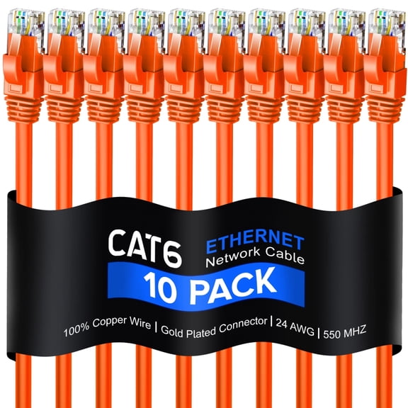 Cat 6 Ethernet Cable 8 Ft, 100% Pure Copper, Cat6 Cable (10 Pack) LAN Cable, Internet Cable, Patch Cable and Network Cable - UTP (Orange) 8 Feet