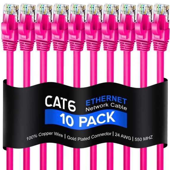 Cat 6 Ethernet Cable 8 Ft, 100% Pure Copper, Cat6 Cable (10 Pack) LAN Cable, Internet Cable, Patch Cable and Network Cable - UTP (Pink) 8 Feet