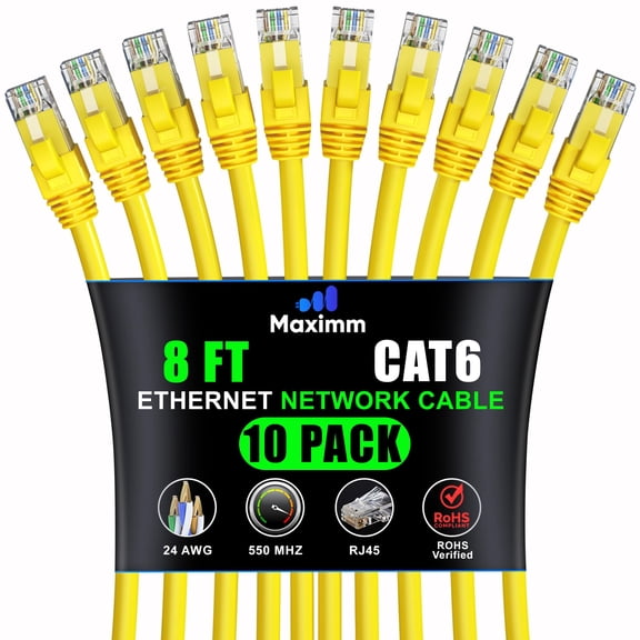 Maximm Cat 6 Ethernet Cable 8 ft (10-Pack) - High-Speed LAN Cable, Internet Cable, Patch Cable, and Network Cable - UTP, 10Gbps, 550MHz Ethernet Cord - Yellow