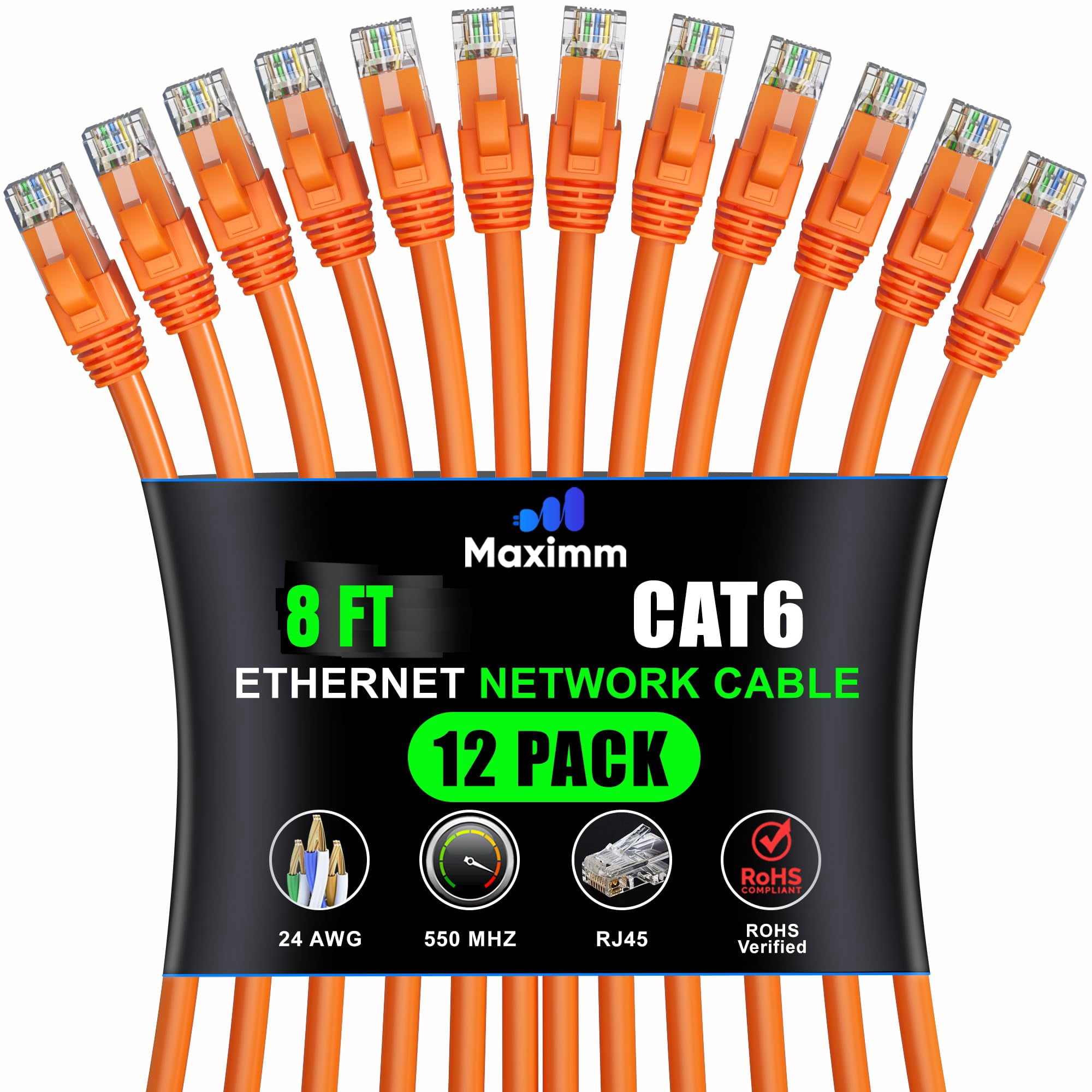 Maximm Cat 6 Ethernet Cable - 8 ft (12-Pack), High-Speed LAN, Internet, Patch, and Network Cable - UTP, 10Gbps, 550MHz - Orange