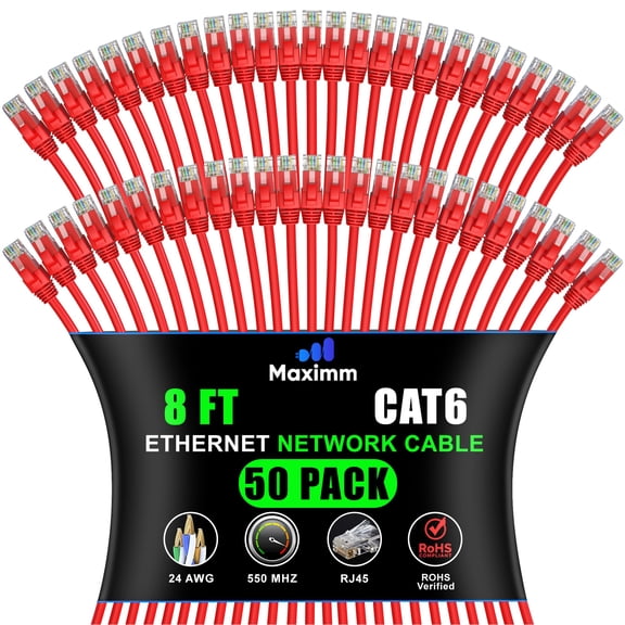 Maximm Cat 6 Ethernet Cable - 8 ft (50-Pack) - High-Speed LAN, Internet, Patch, and Network Cable - UTP, 10Gbps, 550MHz Ethernet Cord - Red