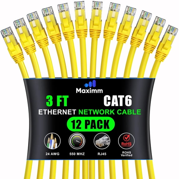 Maximm Cat 6 Ethernet Cable - High-Speed LAN, Internet, Patch & Network Cable - UTP, 10Gbps, 550MHz Ethernet Cord 12-Pack