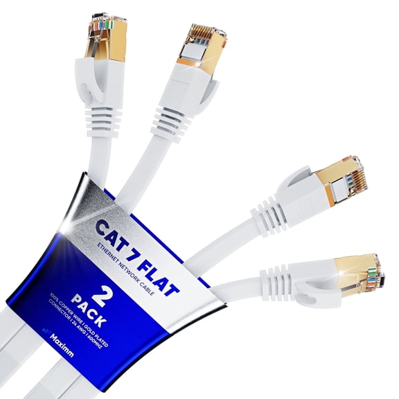 Maximm Cat7 Flat High-Speed Ethernet Cable, 10Gbps Internet LAN Cord, 2-Pack, 50 ft, White