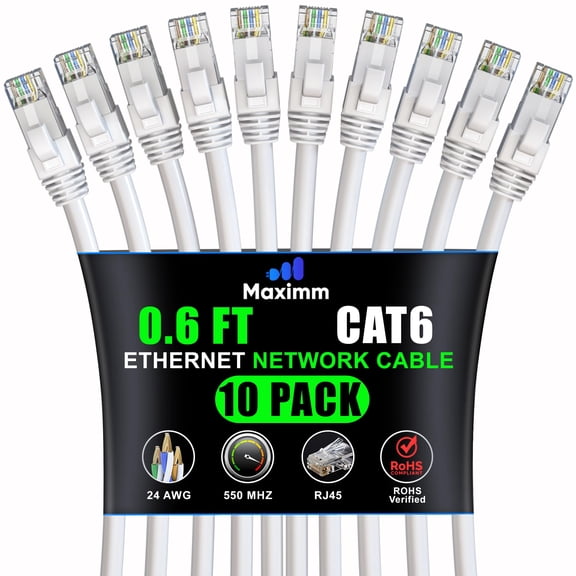 Maximm Cat 6 Ethernet Cable 0.6 ft (10-Pack) - High-Speed LAN Cable, Internet Cable, Patch Cable, and Network Cable - UTP, 10Gbps, 550MHz Ethernet Cord - White