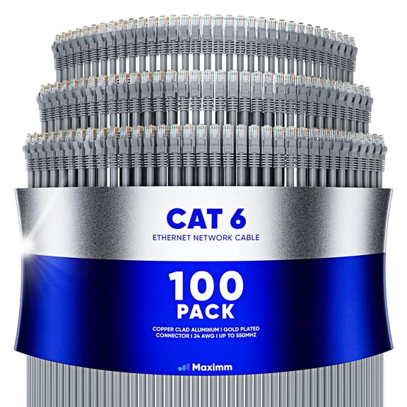 Maximm Cat 6 Ethernet Cable 1 ft (100-Pack) - High-Speed LAN Cable, Internet Cable, Patch Cable, and Network Cable - UTP, 10Gbps, 550MHz Ethernet Cord - Gray