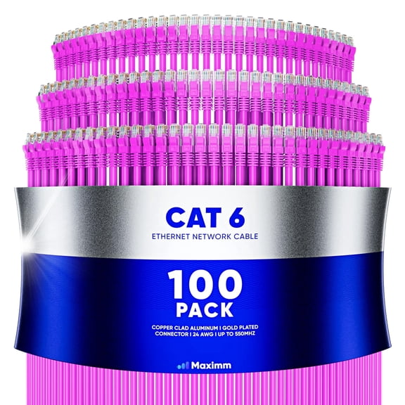 Maximm Cat6 Ethernet Cable 100-Pack 20 ft – CCA LAN Network Patch Cords, RJ45, Pink