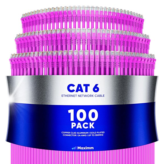 Maximm Cat6 Ethernet Cable 100-Pack 20 ft – CCA LAN Network Patch Cords, RJ45, Pink