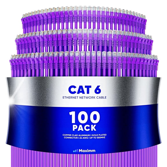 Maximm Cat6 Ethernet Cable 100-Pack 20 ft – CCA LAN Network Patch Cords, RJ45, Purple