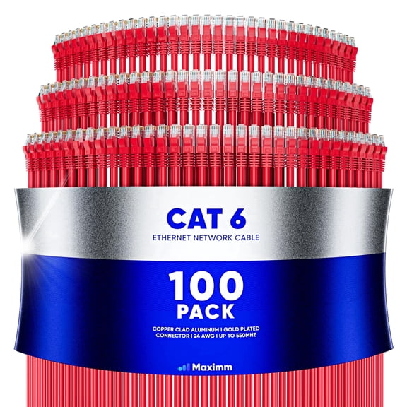 Maximm Cat6 Ethernet Cable 100-Pack 20 ft – CCA LAN Network Patch Cords, RJ45, Red