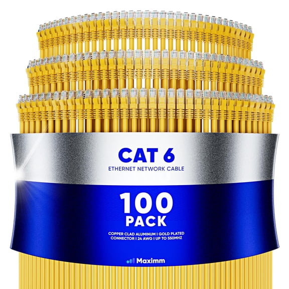 Maximm Cat 6 Ethernet Cable 12 ft (100-Pack) - High-Speed LAN Cable, Internet Cable, Patch Cable, and Network Cable - UTP, 10Gbps, 550MHz Ethernet Cord - Yellow