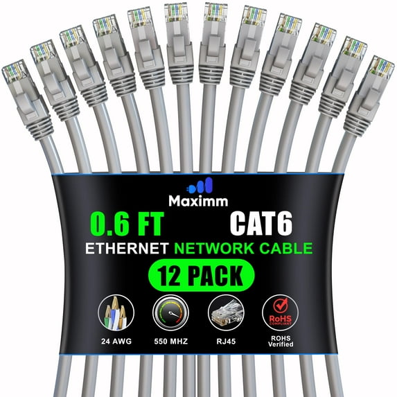 Maximm Cat 6 Ethernet Cable - 0.6 ft (12-Pack) - High-Speed LAN, Internet, Patch, and Network Cable - UTP, 10Gbps, 550MHz Ethernet Cord - Gray
