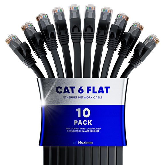 Cat6 Ethernet Cable 15ft, 10-Pack Black - Flat High-Speed Network Cables for Gaming, Streaming, Router, Modem, PC, PS5, Xbox - Durable & Space-Saving Design
