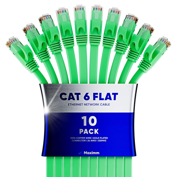 Cat6 Ethernet Cable 15ft, 10-Pack Green - Flat High-Speed Network Cables for Gaming, Streaming, Router, Modem, PC, PS5, Xbox - Durable & Space-Saving Design