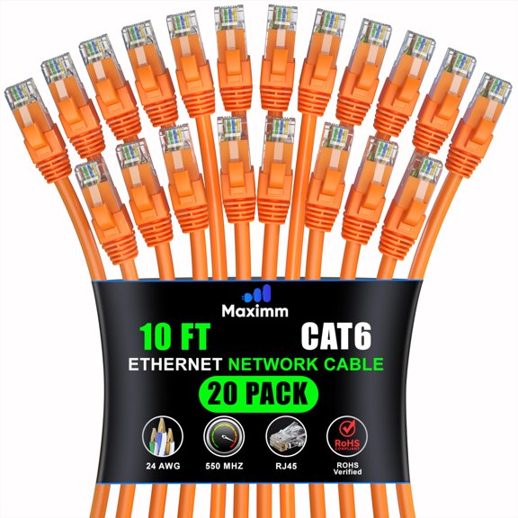 Maximm Cat 6 Ethernet Cable 10 ft (20-Pack) - High-Speed LAN Cable, Internet Cable, Patch Cable, and Network Cable - UTP, 10Gbps, 550MHz Ethernet Cord - Orange