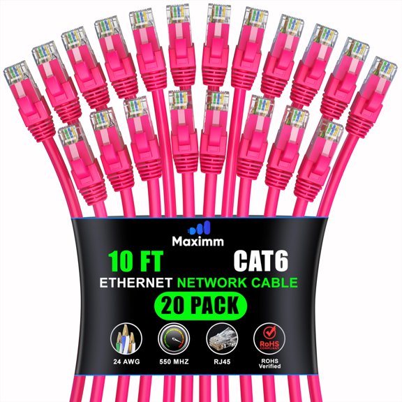 Maximm Cat 6 Ethernet Cable 10 ft (20-Pack) - High-Speed LAN Cable, Internet Cable, Patch Cable, and Network Cable - UTP, 10Gbps, 550MHz Ethernet Cord - Pink