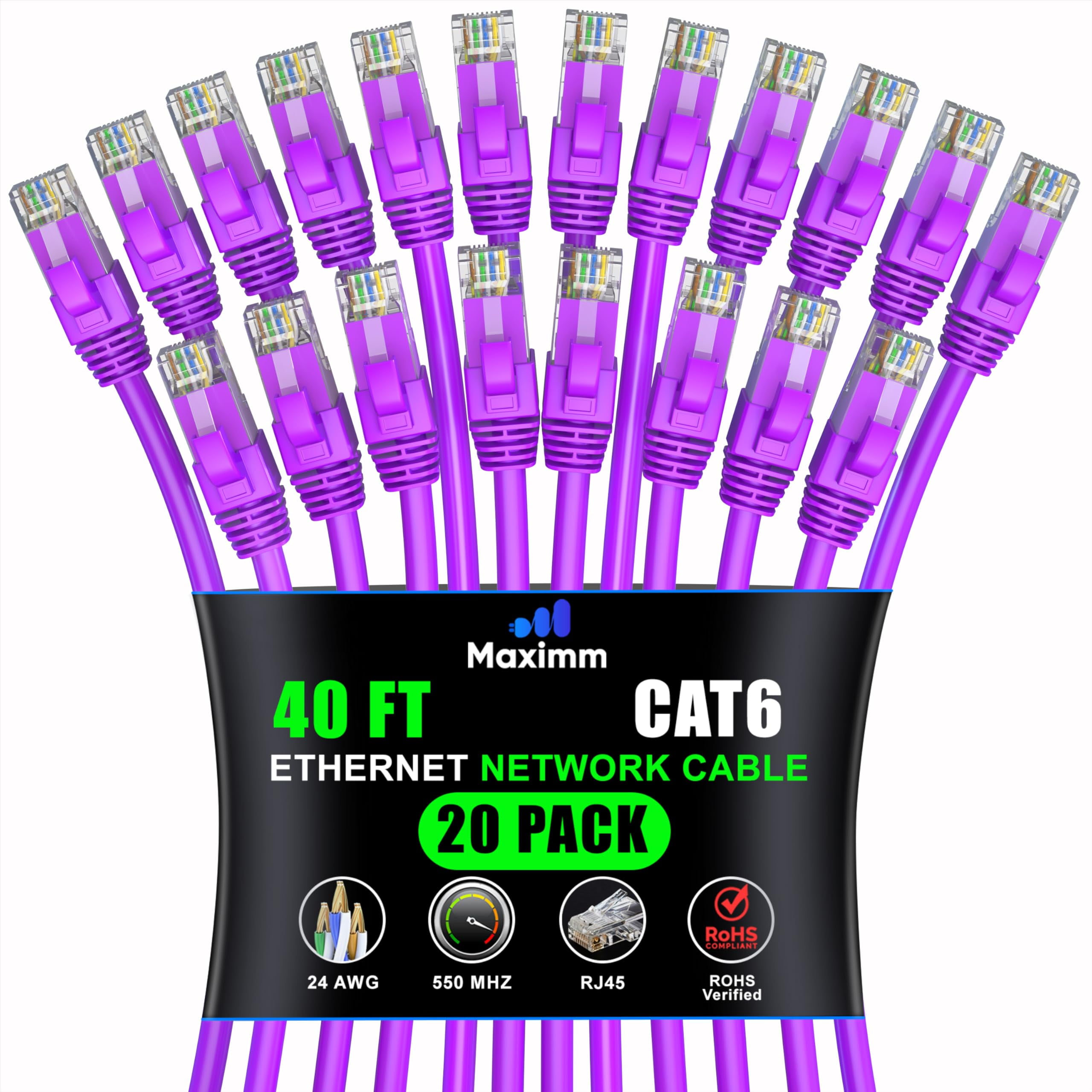 Maximm Cat 6 Ethernet Cable 40 ft (20-Pack) - High-Speed LAN Cable, Internet Cable, Patch Cable, and Network Cable - UTP, 10Gbps, 550MHz Ethernet Cord - Purple