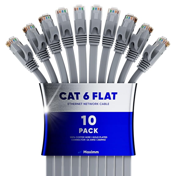 Cat6 Ethernet Cable 20ft, 10-Pack Gray - Flat High-Speed Network Cables for Gaming, Streaming, Router, Modem, PC, PS5, Xbox - Durable & Space-Saving Design