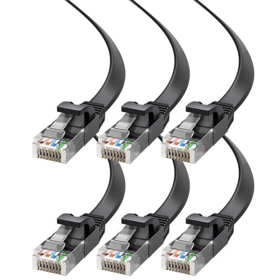 Cat6 Ethernet Cable 25ft, 6-Pack Black - Flat High-Speed Network Cables for Gaming, Streaming, Router, Modem, PC, PS5, Xbox - Durable & Space-Saving Design