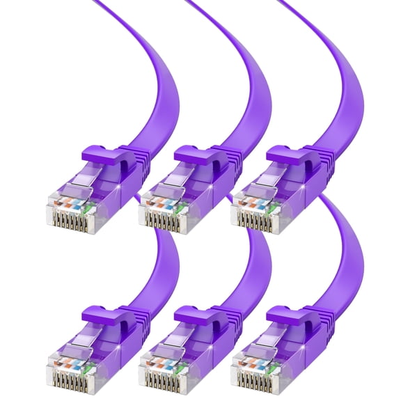 Cat6 Ethernet Cable 25ft, 6-Pack Purple - Flat High-Speed Network Cables for Gaming, Streaming, Router, Modem, PC, PS5, Xbox - Durable & Space-Saving Design