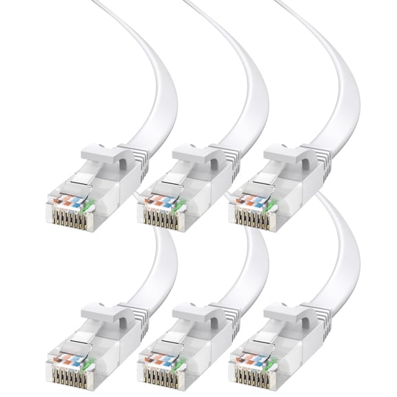 Cat6 Ethernet Cable 25ft, 6-Pack White - Flat High-Speed Network Cables for Gaming, Streaming, Router, Modem, PC, PS5, Xbox - Durable & Space-Saving Design