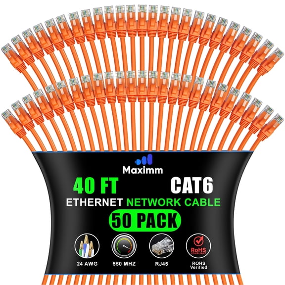 Maximm Cat 6 Ethernet Cable - 40 ft (50-Pack) - High-Speed LAN, Internet, Patch, and Network Cable - UTP, 10Gbps, 550MHz Ethernet Cord - Orange