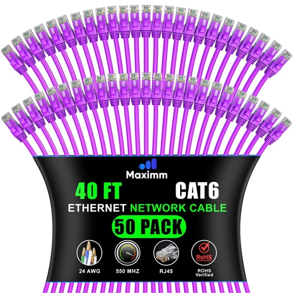 Maximm Cat 6 Ethernet Cable 40 ft (50-Pack) - High-Speed LAN Cable, Internet Cable, Patch Cable, and Network Cable - UTP, 10Gbps, 550MHz Ethernet Cord - Purple
